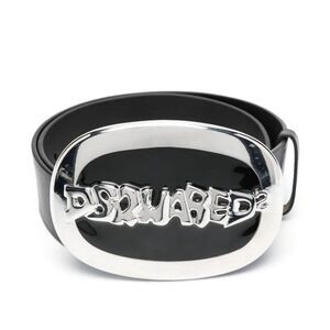 Dsquared² Black Leather Signature Logo Oval Black Enamel Men's L Buckle Belt